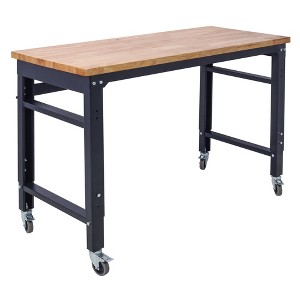 Steel Workbench with Rubber Wood Top and Adjustable Height and Rolling Wheels - 1 of 4
