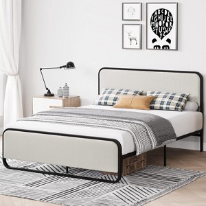 Full Size Metal Bed Frame with Curved Upholstered Headboard and Footboard, 10.3'' Underbed Space, No Box Spring Needed, Easy Assembly, Beige - 1 of 4