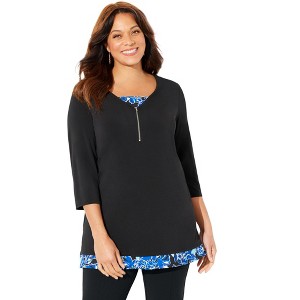 Catherines Women's Plus Size Half-Zip V-Neck Tunic Duet - 1 of 4