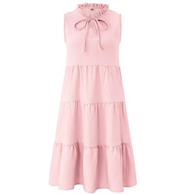 Girls' Sleeveless Tiered Dress Swing Midi Dress Ruffle Mock Neck Tie Front Dress A-Line Dress - White, 3-4T