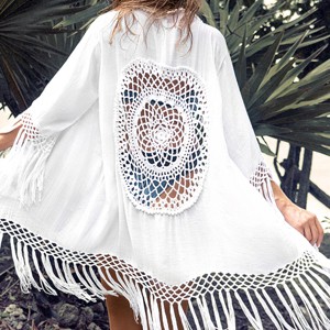Women's White Tassel Floral Crochet Swim Cover Up Beachwear One Size - Cupshe - 1 of 4