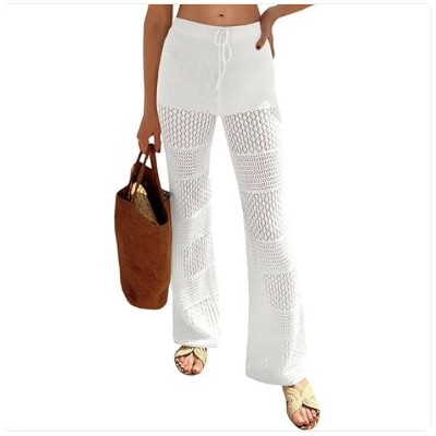 Wikineon Womens Beach Cover Up Pants Boho Crochet Knit High Waist Drawstring Sheer Hollow Swim Pant Swimwear