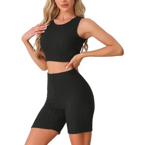 cheibear Women's Summer Sleeveless Ribbed Knit Tank Top with Jogger Biker Shorts Pajamas - 1 of 4