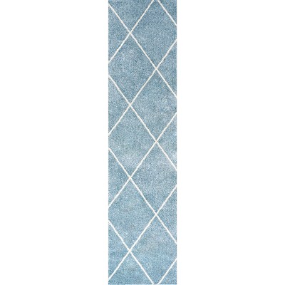 Light Blue and White Diamond Trellis Synthetic Area Rug - 2x10 Feet