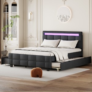 Queen Size Upholstered Platform Bed with LED Light, Twin XL Size Trundle and 2 Drawers, Beige/Dark Gray/Pink-ModernLuxe - 1 of 4