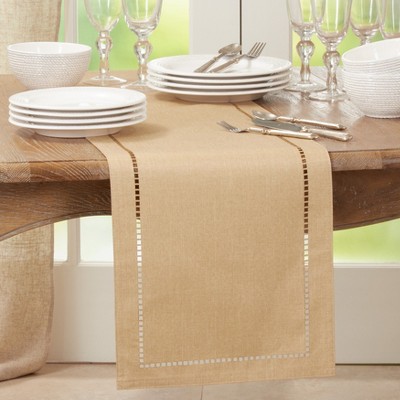 Beige Polyester Laser-Cut Hemstitch Table Runner