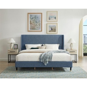Roundhill Furniture Arles 3-Piece Upholstered Bedroom Set, Wingback Platform Bed with Two Nightstands - 1 of 4