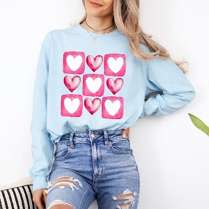 Simply Sage Market Women's Pink Heart Grid Long Sleeve Garment Dyed Tee - 1 of 4