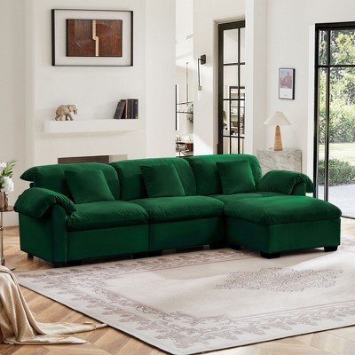Modern Velvet L-Shaped Sectional Sofa with Storage Seats and Ottoman, 3-Seater with Reversible Ottoman, Plush Armrest Couch for Living Room