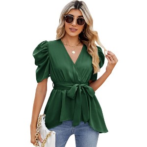 Puff Short Sleeve Ruffle Shirt for Women Deep V Neck Peplum Tops Waist Tie Chiffon Blouses Dressy Casual Waist Wrap Tops - 1 of 4