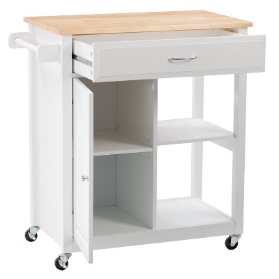 White Pinewood Kitchen Cart with Storage and Wheels