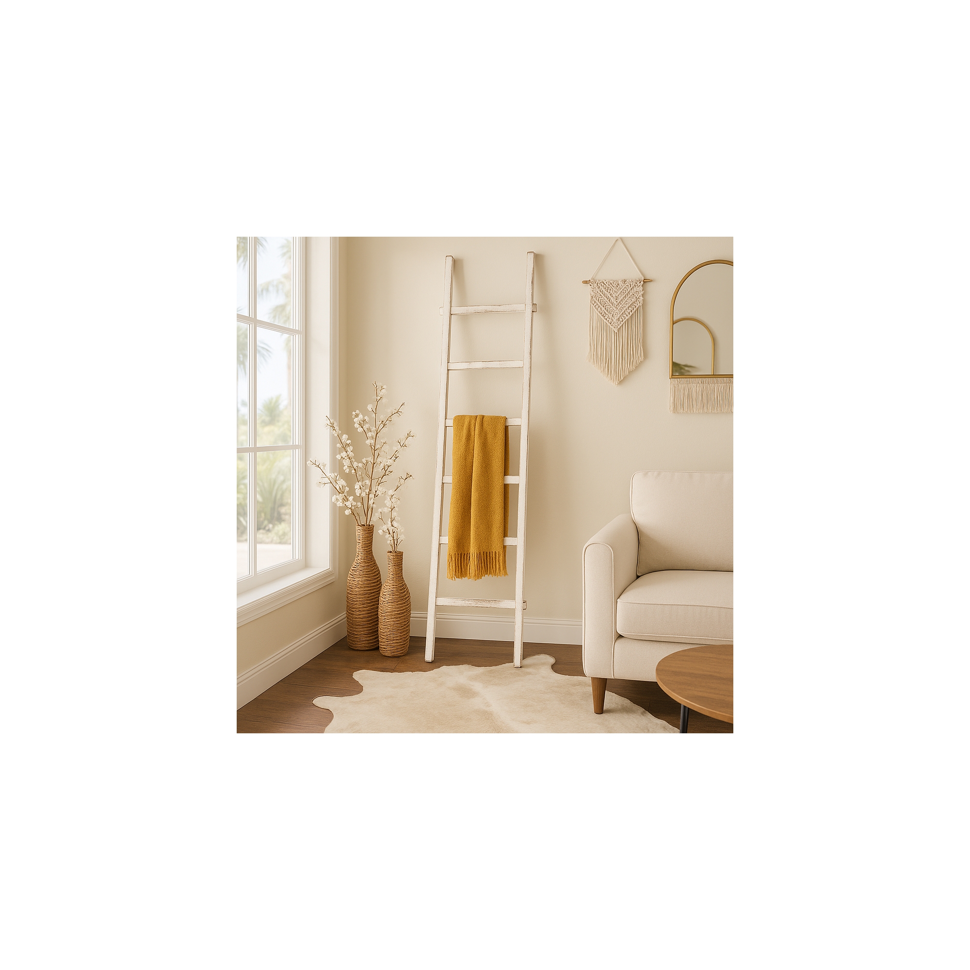 Decorative Vertical Ladder with Towel Rack Design for Blankets - Slim Storage Stand with Hooks for Bedroom or Living Room - 76", White