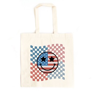 City Creek Prints Checkered Patriotic Smiley Face Canvas Tote Bag - 15x16 - Natural - 1 of 2