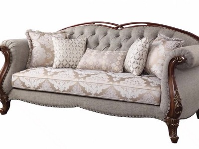Cherry Finish 90'' Tufted Fabric Sofa with Nailhead Detail
