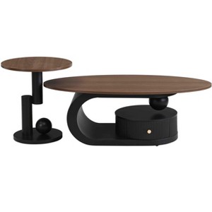 Vynxaria Series 47.24 in. Black and Brown Oval and Round MDF End Table with Storage - 1 of 4
