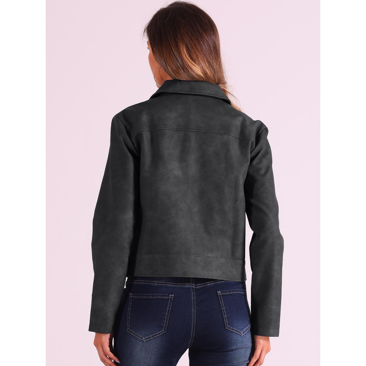 Женские куртки Allegra K Faux Leather Zip Up Long Sleeve Vintage Moto Biker Jackets X-Small Black, цвет: Чёрный — фото 3
