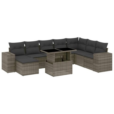vidaXL 9 Piece Patio Sofa Set with Cushions - Gray Poly Rattan