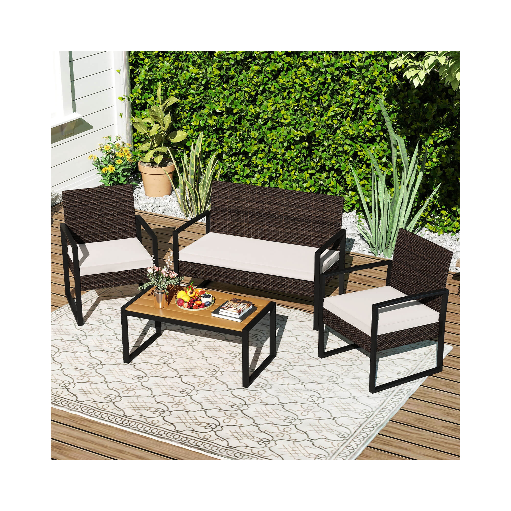 Costway 4 Piece Patio Furniture Set with Cushioned Chairs & Wood Plastic Coffee Table