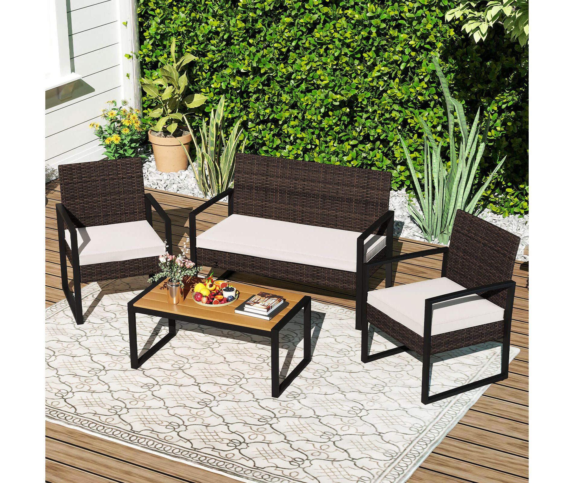 Costway 4 Piece Patio Furniture Set with Cushioned Chairs & Wood Plastic Coffee Table