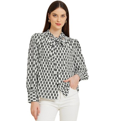 Allegra K Women's Print Tie Neck Puff Long Sleeve Elegant Casual Work Shirts