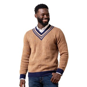 Hope & Henry Men's Organic V-Neck Intarsia Cricket Sweater, Brown Glen Plaid Intarsia, Medium - 1 of 4
