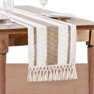 Wikineon Boho Table Runner:Burlap 72 Inch Long Rustic Runner with Tassels for Home Decor (Cream & Brown) - 1 of 4