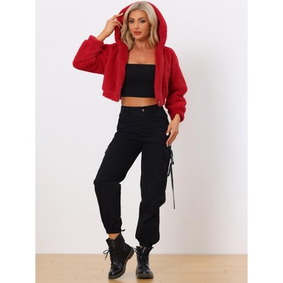 INSPIRE CHIC Women's Casual Hooded Zip Up Long Sleeve Cropped Faux Fur Jacket Red X-Small — фото 3