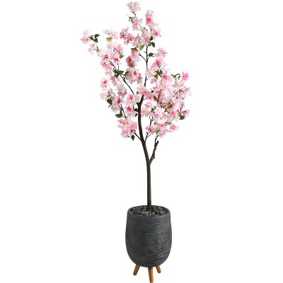 Nearly Natural 6-ft Cherry Blossom Artificial Tree in Gray Planter with Stand