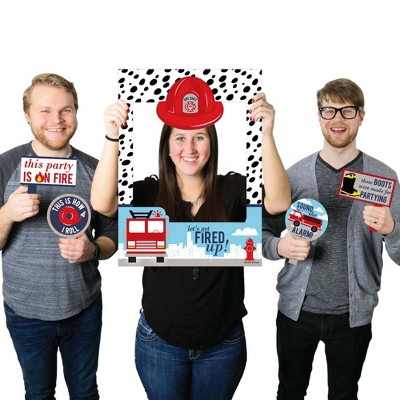 Big Dot of Happiness Fired Up Fire Truck - Firefighter Baby Shower or Birthday Party Photo Booth Picture Frame & Props - Printed on Sturdy Material