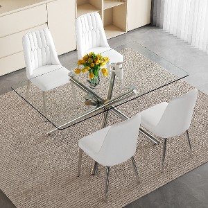 Lyngins 5-Piece Modern Tempered Glass Dining Set – Dining Table with Silver Fork-Shaped Legs & 4 PU Chairs, Kitchen Table Set for Dining Room - 1 of 4