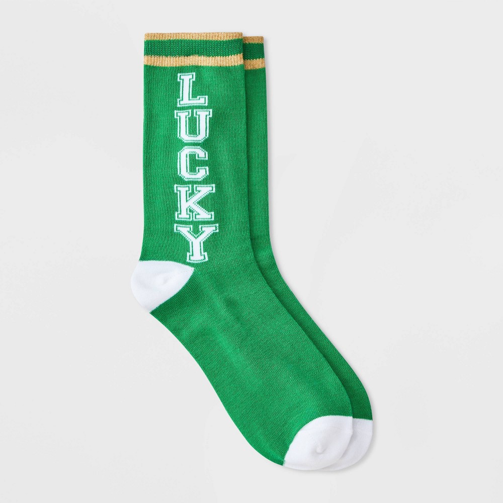 Women Lucky St. Patrick Day Crew Sock - Green/White/Gold 4-10