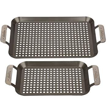 Grill Topper BBQ Grilling Pans (Set of 2) - Non-Stick Barbecue Trays w Stainless Steel Handles for Meat, Vegetables, and Seafood - Great for Summer