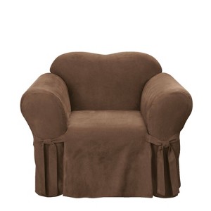 Soft Suede Chair Slipcover Chocolate - Sure Fit: Stretch Fit, Zipper Closure, Indoor Use, Machine Washable - 1 of 4