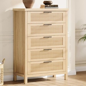 Fluted 5 Drawer Dresser for Bedroom Rattan Chest of Dressers Tall Dresser for Closet with Drawers Boho Night Stand - 1 of 4