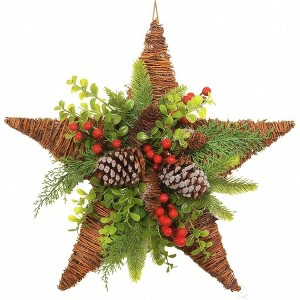 17in Rustic Rattan Wreath with Pine Cones Red Berries and Green Foliage Handmade Door Hanger Holiday Home Decor Festive - 1 of 4