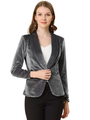 INSPIRE CHIC Women's Office Solid Shawl Collar Jetted Pockets One Button Velvet Blazer