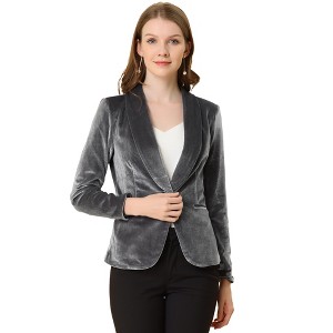 INSPIRE CHIC Women's Office Solid Shawl Collar Jetted Pockets One Button Velvet Blazer - 1 of 4