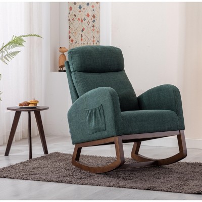PAGED Modern Rocking Chair with Side Pocket, Upholstered Accent Chair with Wood Legs, High Back Reading Chair for Living Room, Bedroom