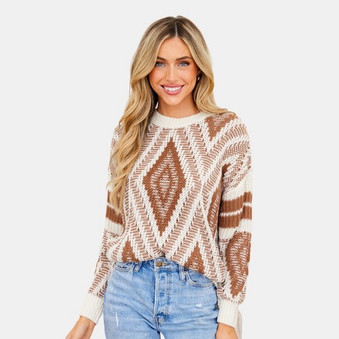 Women's Diamond Stitched Drop Sleeve Sweater - Cupshe-m-tan : Target