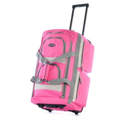 Olympia 26 Inch 8 Pocket U Shaped Rolling Polyester Duffel Luggage Bag Suitcase with Push Button Hide Away Retractable Handle, Hot Pink