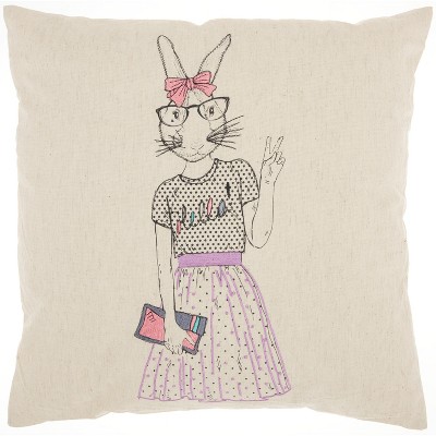 Mina Victory Trendy, Hip, & New Age Cute Peace Bunny Natural Throw Pillow - 18" x 18"