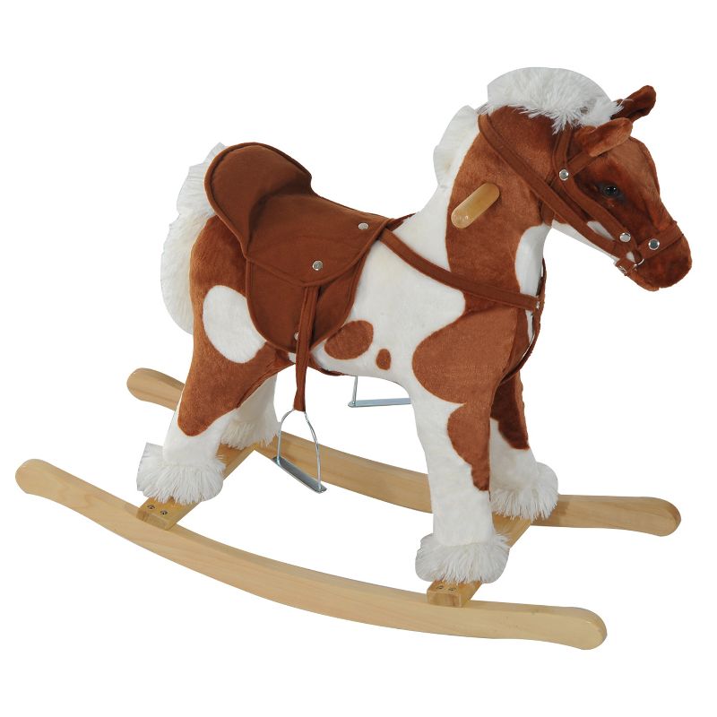Qaba Kids Plush Ride-On Toy Rocking Horse Toddler Plush Animal Rocker with Nursery Rhyme Music - Light Brown / White, 1 of 10