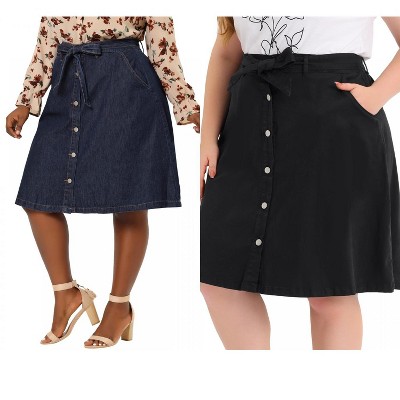 Agnes Orinda Women's Plus Size Tie Waist Button Front Pockets A-Line Midi Denim Skirts