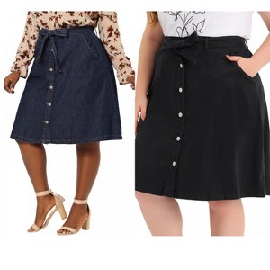 Agnes Orinda Women's Plus Size Tie Waist Button Front Pockets A-Line Midi Denim Skirts - 1 of 4