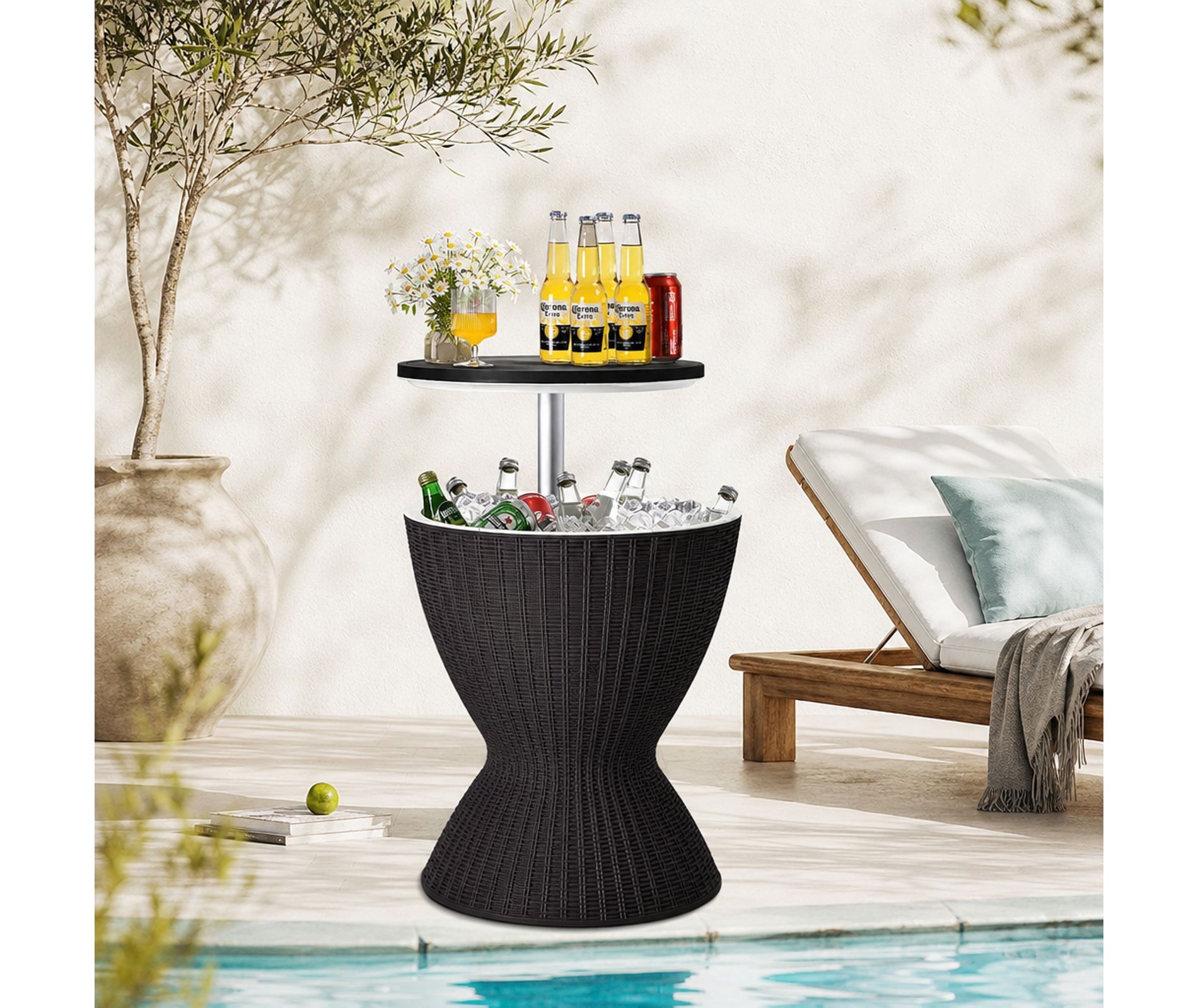 Round Outdoor Patio Coffee Table with Adjustable Height and Ice Bucket Cooler, 8 Gallon Storage, Black