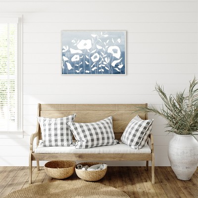 Blue and White Floral Garden Beaded Framed Canvas Wall Art