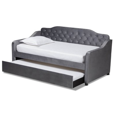 Gray Velvet Upholstered Twin Daybed with Tufted Back and Trundle
