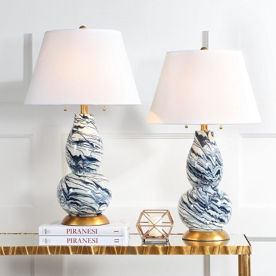 Navy and White Marbleized Glass Table Lamp Set with Gold Accents
