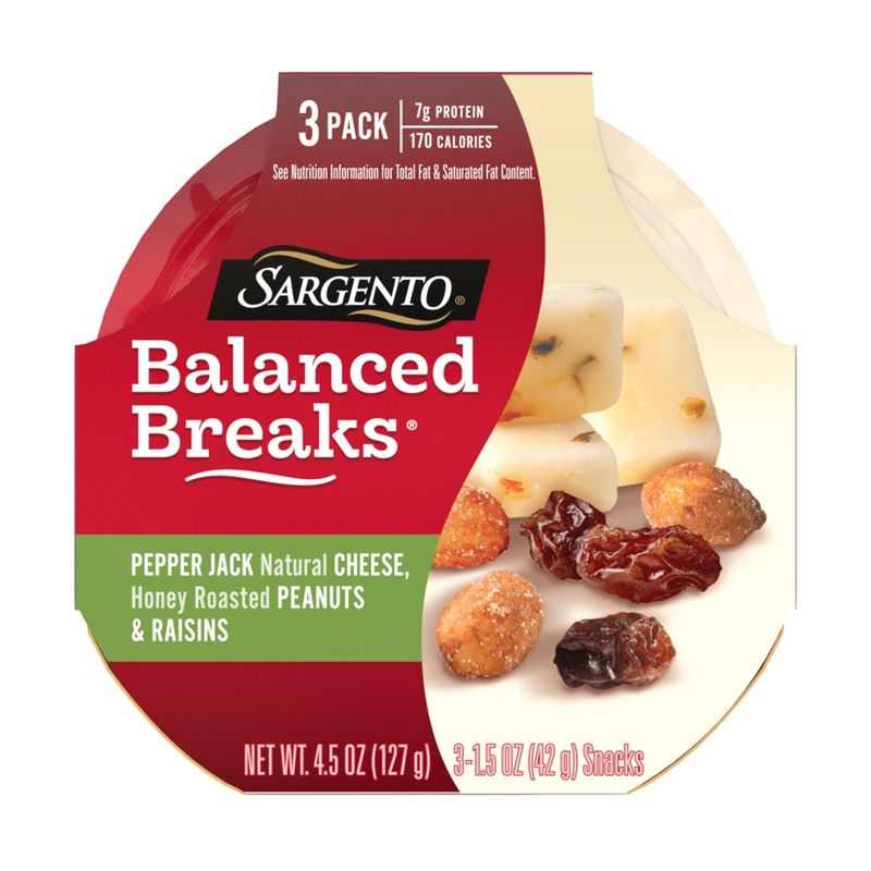 Sargento Balanced Breaks Pepper Jack Cheese, Honey Roasted Peanuts &#38; Raisins - 4.5oz/3ct, 1 of 11