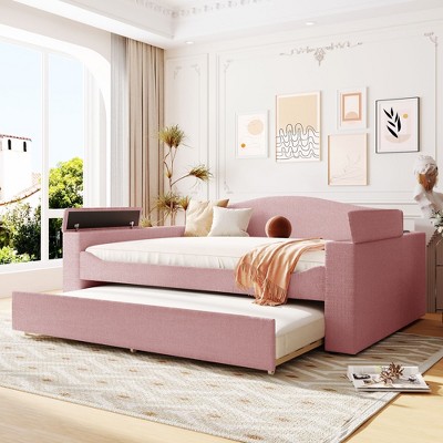 Full Size Daybed with Storage Armrests, Trundle and Latest Integrated Bluetooth Audio System